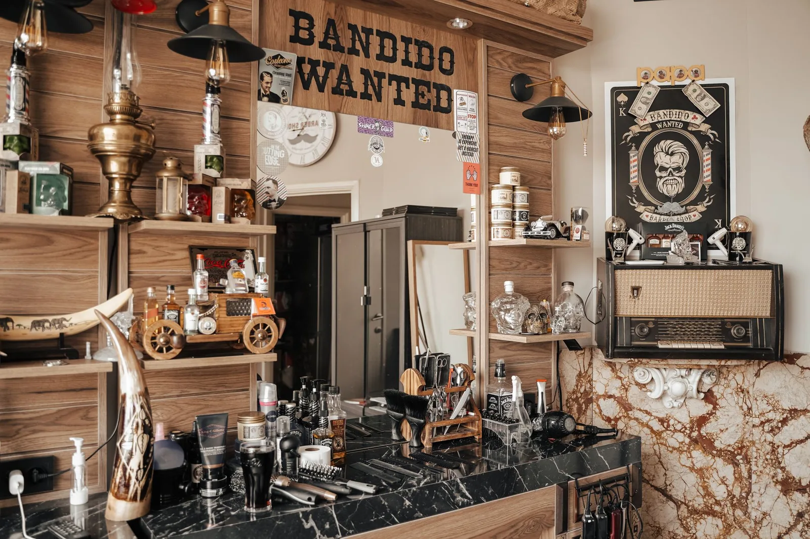 Interior of a modern barbershop with clients