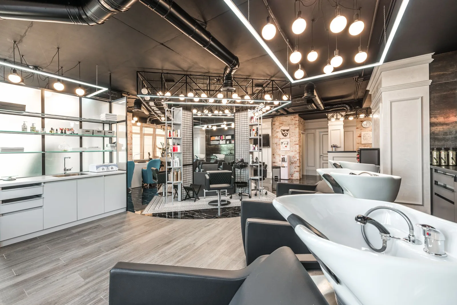 A modern beauty salon with backwash chairs