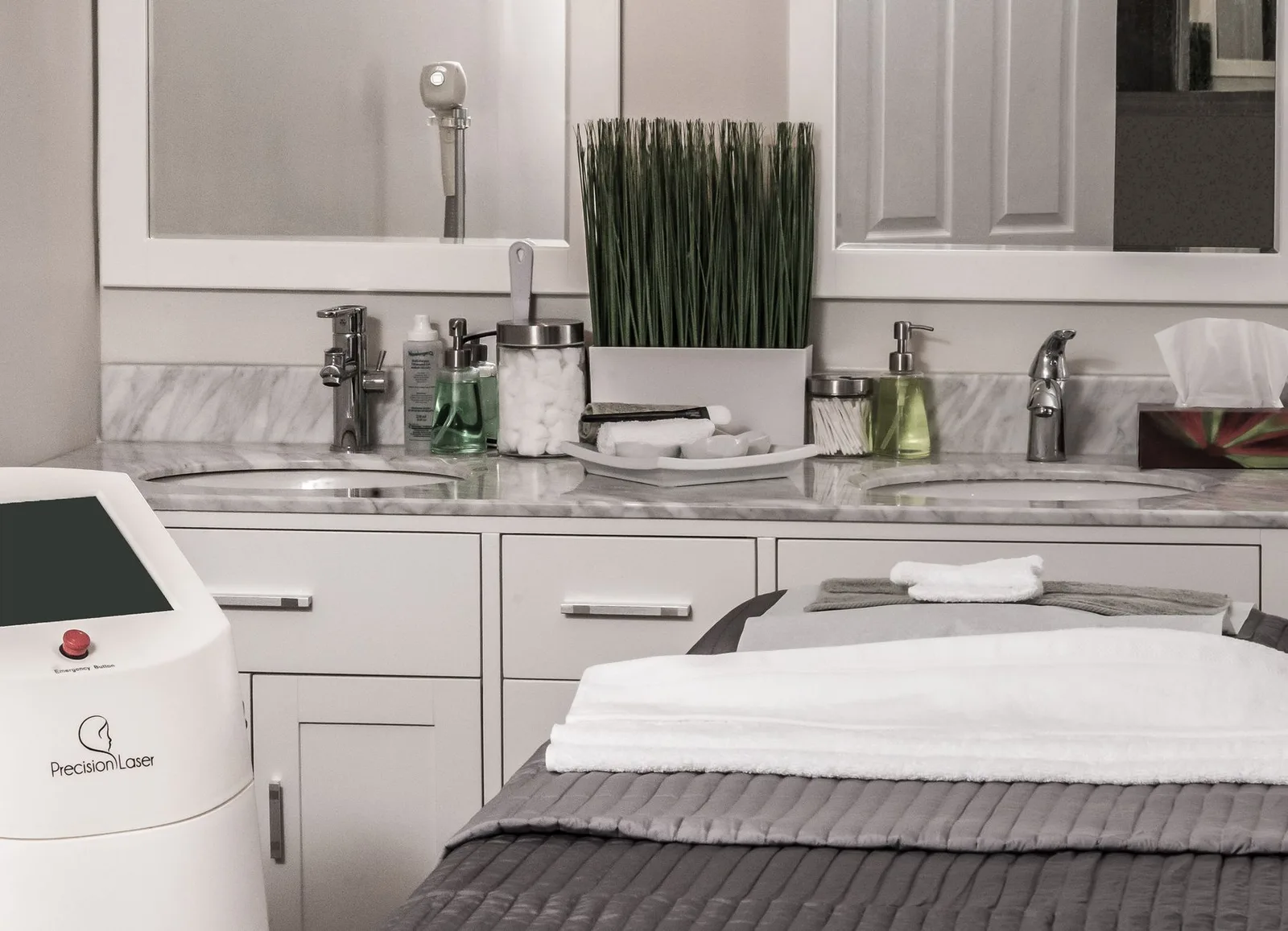 A serene skincare treatment room with soft lighting.